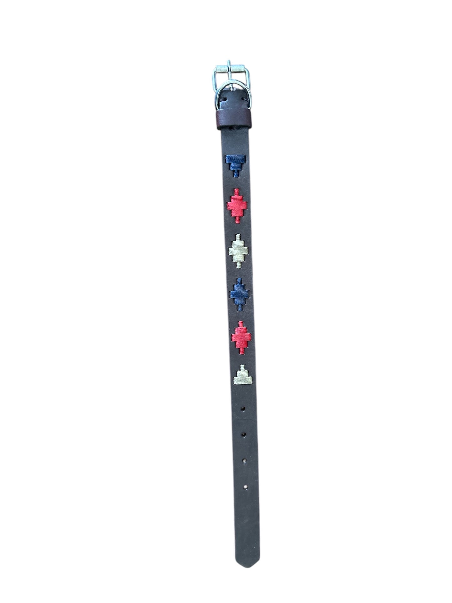 Dog Collar - Dark Brown Leather with Blue & Red
