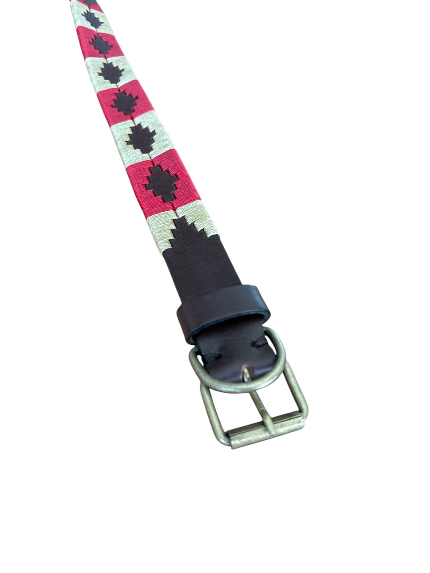 Dog Collar - Dark Brown Leather with Red & Cream