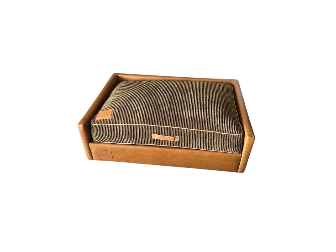 Leather Dog Sofa with green corduroy cushion