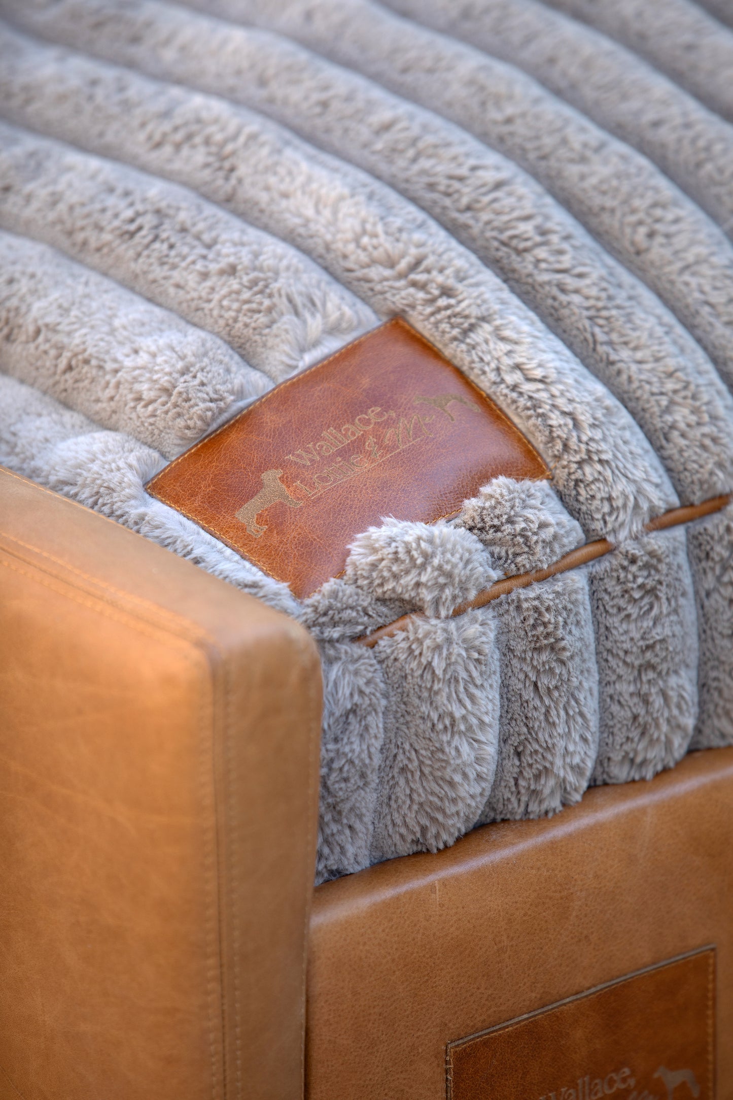 Leather Dog Sofa with Taupe Fluffy Cushion