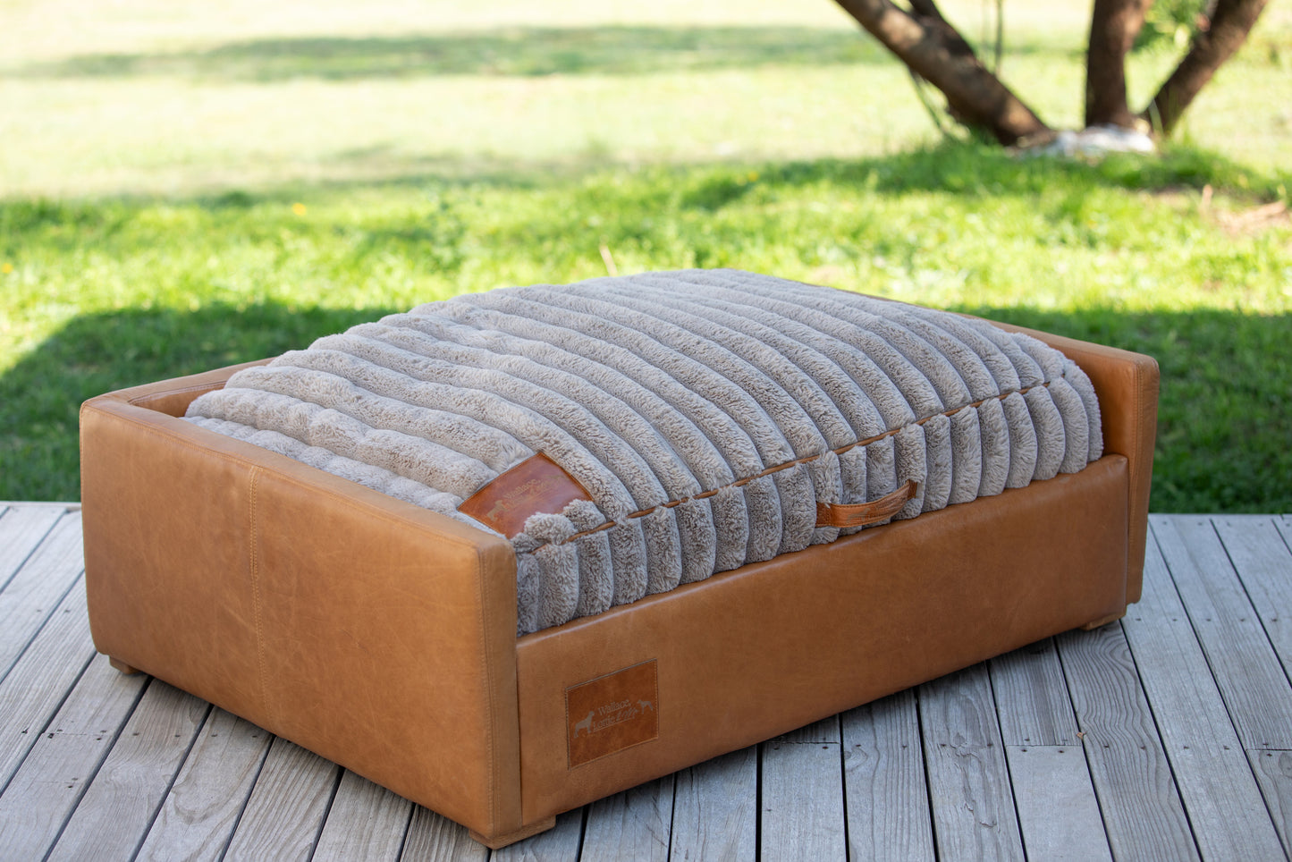 Leather Dog Sofa with Taupe Fluffy Cushion