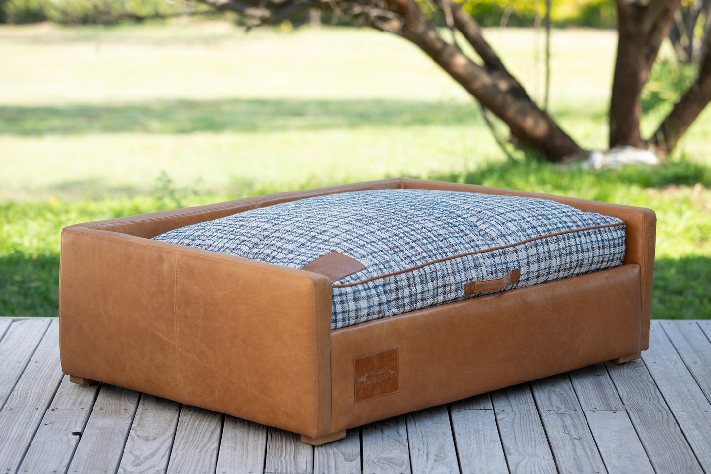 Leather Dog Sofa with Grey & Blue Plaid Cushion