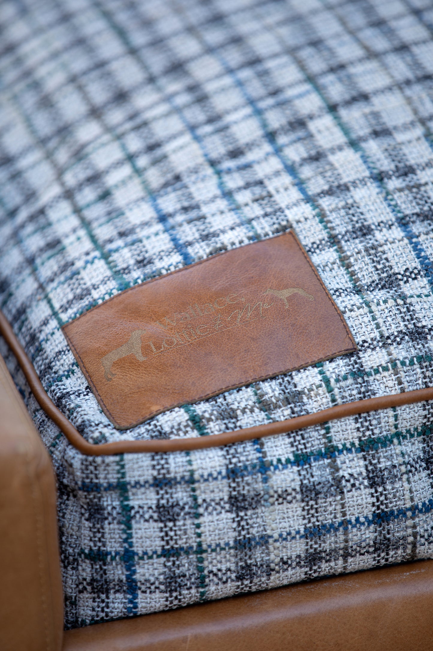 Leather Dog Sofa with Grey & Blue Plaid Cushion