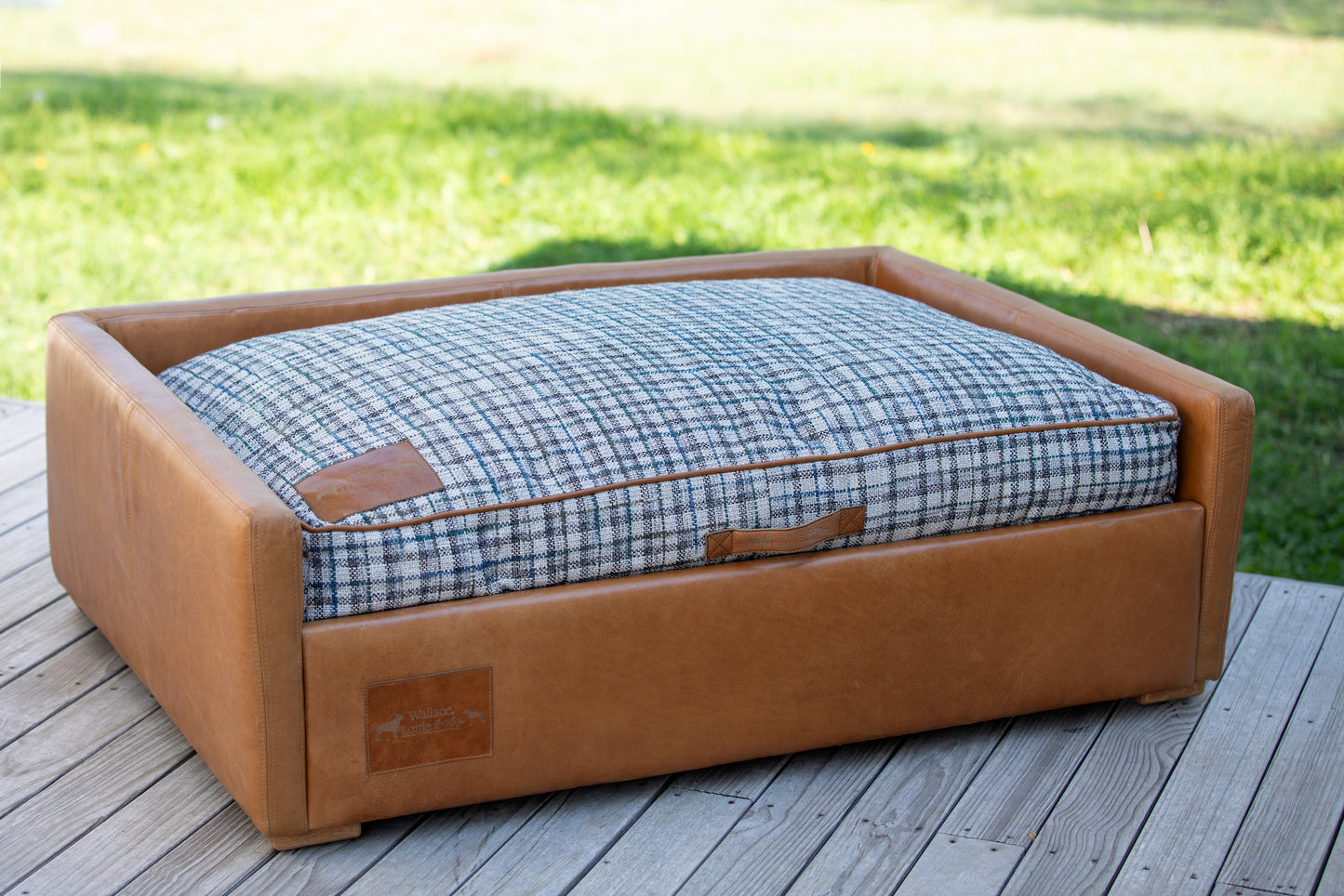 Leather Dog Sofa with Grey & Blue Plaid Cushion