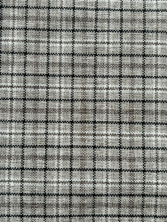 Dog bed in taupe plaid with leather piping