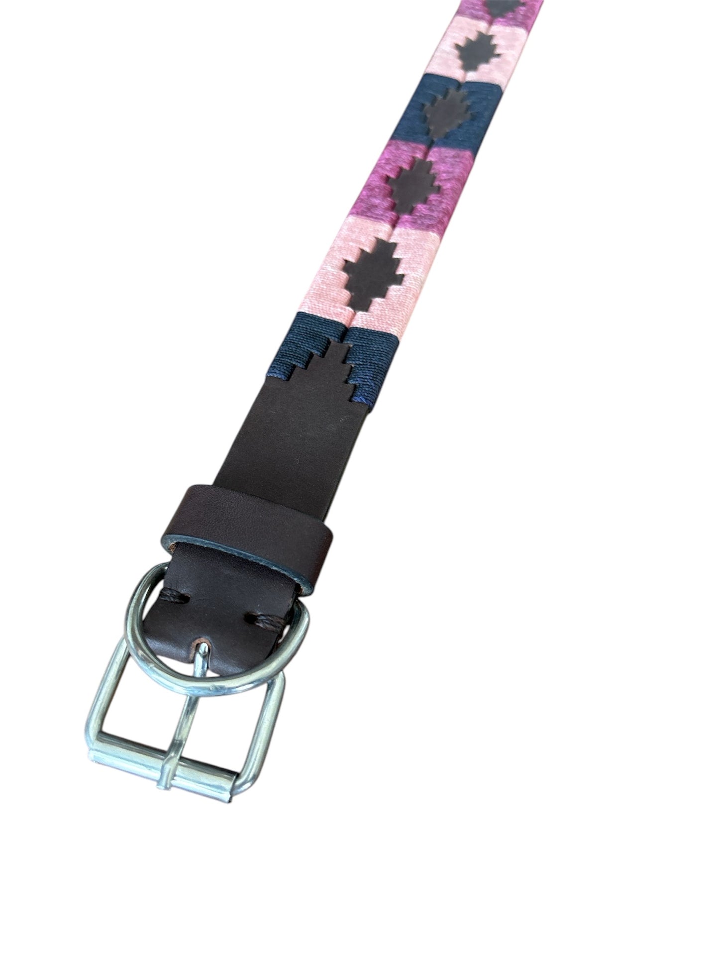 Dog Collar - Dark Brown Leather with Pinks & Navy
