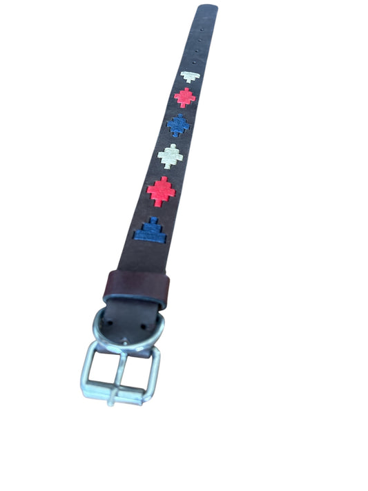 Dog Collar - Dark Brown Leather with Blue & Red