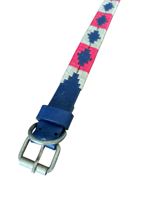Dog Collar - Dark Brown Leather with Red & Cream